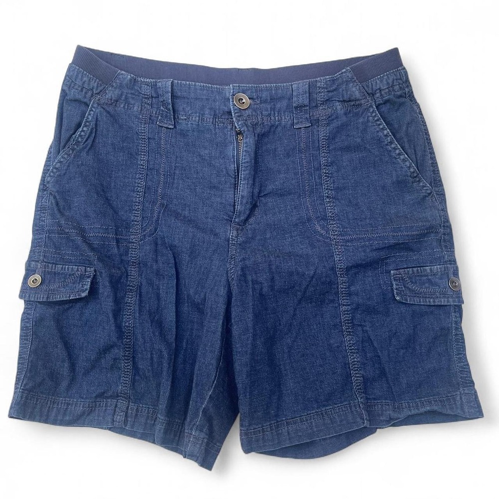 Womens Dark Wash Denim Cargo Shorts Elastic Waist Utility Pockets Blue‎